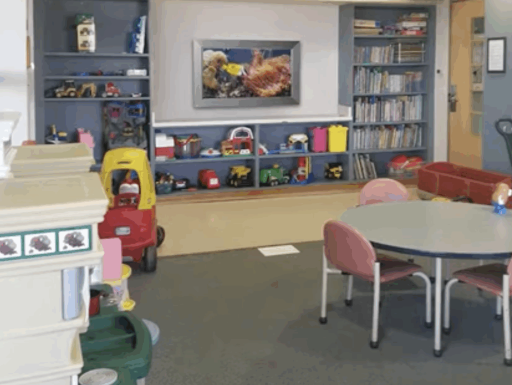 Pediatric playroom enhanced with The Sky Factory’s eSea(TM) Digital Cinema Virtual Aquarium.